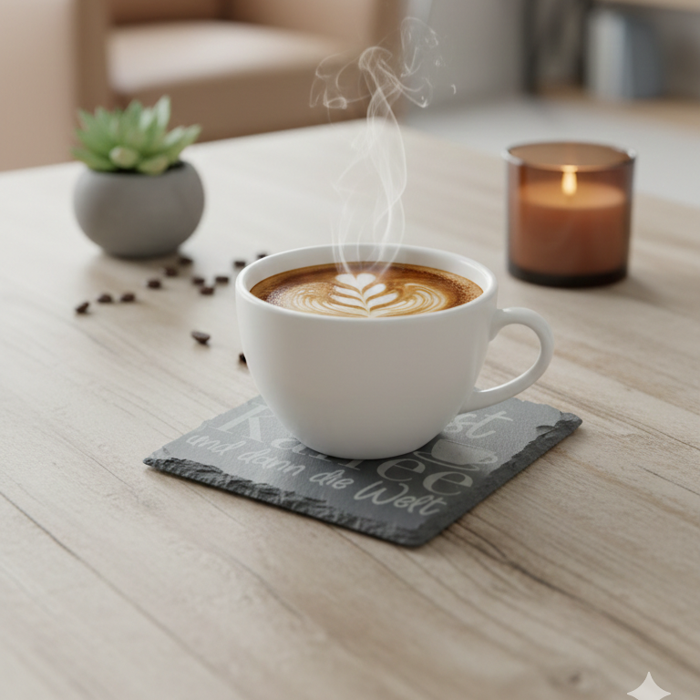 Schiefer-Untersetzer "Zuerst Kaffee" – Rustikaler Schutz mit Statement