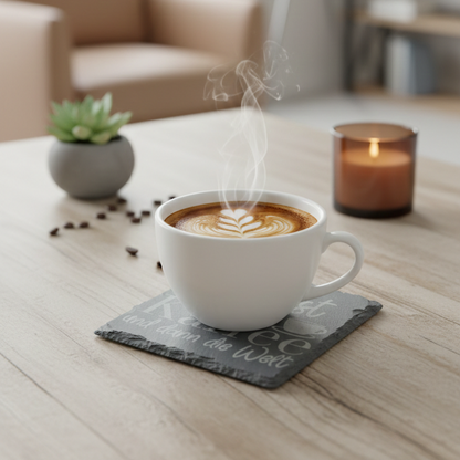Schiefer-Untersetzer "Zuerst Kaffee" – Rustikaler Schutz mit Statement